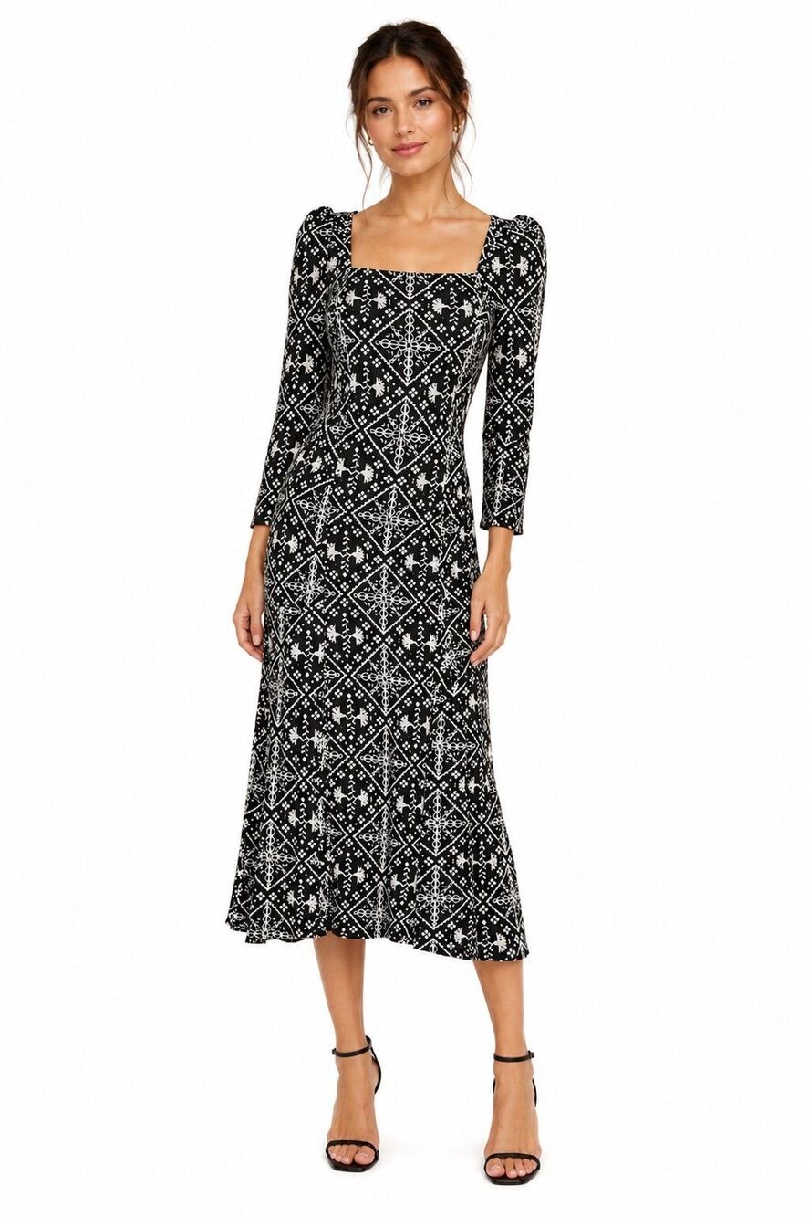 Hyacinth House Sabrina Midi Dress Size XXS Black White Geometric Square Neck